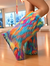 cheap Snow &amp; Winter Boots-Women&#039;s Multicolor Faux Fur Festival Boots, Fluffy Rainbow Knee-High Snow Boots for Rave, Party &amp; Winter Music Festivals