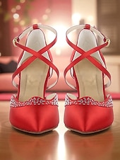 cheap Latin Shoes-Women's Red Satin Ballroom Dance Shoes - Closed Toe Cross Strap High Heel Pumps with Rhinestone Detail for Gatsby Party &amp; Professional Dance Party