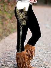 economico Animali Stampa-Per donna Leggings Vacanza Vintage Moda Lunghezza intera Vita Alta Grafico Animale Gatto Stampa Calore Termico Morbido Traspirante Elasticizzato Quotidiano All'aperto Vacanza Nero Primavera Autunno