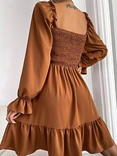 Damen Minikleid Schößchen Kleider Gerafftes Kleid Modern Outdoor Ferien Ausgehen Normale Passform Einfach Langarm Quadrathals Schwarz Wein Armeegrün Leicht Braun Frühling Herbst preiswerte abendkleider-Damen Minikleid Schößchen Kleider Gerafftes Kleid Modern Outdoor Ferien Ausgehen Normale Passform Einfach Langarm Quadrathals Schwarz Wein Armeegrün Leicht Braun Frühling Herbst