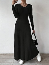 levne Svetrové šaty-Dámské Svetrové šaty Elegantní Na běžné nošení Měkké Čistá barva Rýhovaný Do V Pletený Dlouhý rukáv Běžné topy Plést Venkovní Denní Víkend Černá Trávová zelená Podzim Zima