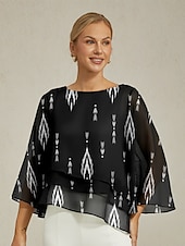 baratos camisas, tops e blusas-Blusa feminina preta floral manga 3/4 solta gola redonda casual elegante férias primavera verão outono