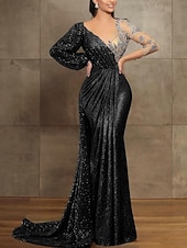 economico Abiti da ballo-Sirena Tromba Strascico da Corte Abito da Sera Abito da ballo con sopragonna Abito formale Elegante Manica Lunga Scollo Illusione Formale Con Paillettes con Pieghe Paillettes