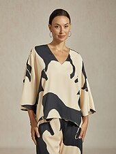  Damenbluse Satin abstrakt Farbblock locker Dolmanärmel V-Ausschnitt Pullover lässig Urlaub täglich elegant Frühling Sommer Herbst