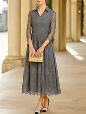 preiswerte Knöchellänge-A-Linie Tee-Länge Partykleid Cocktailkleid Kleid für Hochzeitsgäste Brautmutterkleid Dreiviertelarm V Ausschnitt Elegant Formell Formeller Abend Hochzeitsfeier Tüll mit Spitze