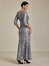 お買い得  スパンコールドレス-女性用 マキシドレス シースドレス エレガント フォーマル セミフォーマルドレス パーティー スパンコール レース 刺繍 レギュラー 純色 七分袖 Ｖネック グレー