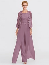 abordables Combinaisons pour maman-Pantalon de mariage de plage 3 pièces mère de la mariée invité de mariage élégant taille plus décolleté carré longueur de sol en chiffon dentelle cordée sans manches enveloppe incluse avec appliqués