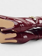 levne Módní boty-Dámské vínové lakované kozačky z imitace kůže se zlatou přezkou, špičatou špičkou a stylovým jehlovým podpatkem, ideální na Vánoce, vánoční večírky a slavnostní příležitosti.