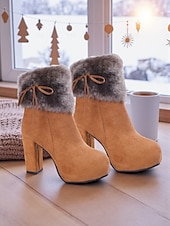 ieftine Cizme de zăpadă și iarnă-Ghete de damă cu platformă, din blană artificială, din piele întoarsă de culoare cămilă, cu detalii de legături și toc gros - ghete de iarnă călduroase și elegante, pentru purtare zilnică și de sărbători