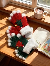  Női karácsonyi kötött kesztyű bolyhos mandzsettával és karácsonyfa mintával, meleg téli kesztyű felnőtteknek és gyerekeknek, aranyos ünnepi kiegészítő ajándék