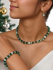 abordables Collar de mujer-Conjunto de joyas con cuentas de cristal rojo para mujer para fiesta de Navidad, elegante collar y pulsera. &amp;Juego de pendientes colgantes para celebraciones navideñas y eventos formales.