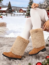 cheap Snow &amp; Winter Boots-Women's Burgundy Faux Fur Mid-Calf Winter Boots – Warm Santa-Style Snow Boots for Christmas, Holiday Outfits and Outdoor Wear