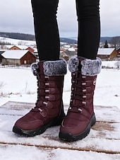 economico Stivali di neve e inverno-stivali da neve invernali da donna a metà polpaccio color bordeaux con finiture in pelliccia sintetica, stivali da esterno impermeabili e isolanti per escursionismo e sci &amp;tempo freddo