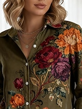 abordables Blouses Florales-Femmes Chemise Boutons Imprimé Fleuri Élégant Occasionnel manche longue Col de chemise Hauts Réguliers Quotidien Travail Fête Vin bleu marine Vert Printemps Automne