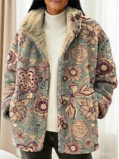 cheap Winter Coats-Women's Blazer Warm Comfortable Buttons Vintage Fashion Modern Casual Floral Vacation Home Casual Daily Short Stand Collar Regular Fit Long Sleeve Outerwear Black Dark Green Purple Fall Winter