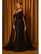cheap Ball Gown Evening Dresses-Sheath Column Floor Length Beaded Eembroidered Formal Dresses Mother of the Bride Dress Ball Gown with Cape Evening Gown Formal Dress Elegant Vintage Glittering Long Sleeve One Shoulder Wedding Formal