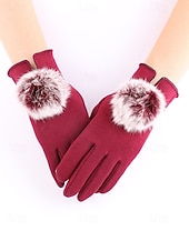 abordables Guantes de mujer-Guantes táctiles navideños para mujer con pompones de piel sintética de conejo, tejido de poliéster cálido, varios colores, perfectos para la moda de invierno y regalos navideños.