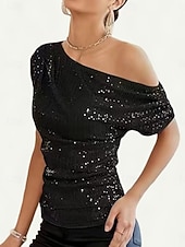 economico T-shirt semplice-Per donna Blusa Paillettes Tinta unica Elegante Casual Manica Corta Asimmetrico Top Regolari Quotidiano Nero Bianco Viola Oro Verde Estate Primavera
