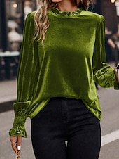 economico Bluse Eleganti-Per donna Velluto Elegant Elegante Blusa Arricciato Semplice Vintage Elegante Manica Lunga Girocollo Top Regolari Quotidiano Ferie Uscire Blu Verde militare Verde Rosa Autunno Inverno
