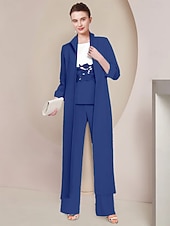 cheap Mom&#039;s Pant Suits-Pantsuit 3 Piece Mother of the Bride  Formal Wedding Guest Elegant Scoop Neck Floor Length Lace Stretch Fabric 3/4 Length Sleeve Wrap Included with Appliques