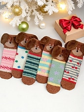 tanie Skarpetki damskie-Damskie, przytulne, puszyste skarpetki świąteczne, urocze, ciepłe kapcie z motywem psa, idealne na świąteczny relaks &amp;prezenty