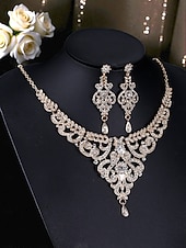 tanie Naszyjnik damski-Zestaw biżuterii z kryształkami dla kobiet na bal – elegancki srebrny naszyjnik i wiszące kolczyki, styl vintage glamour na wieczór, bal maturalny &amp;formalne okazje