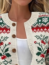 preiswerte hässlicher Pullover-Damen Weihnachtspullover Fair Isle Pullover Strickjacke Mode Täglich Lässig Grafik Gerippt Rundhalsausschnitt Knöpfe Druck Langarm Normale Oberteile Stricken Weihnachten Outdoor Täglich Beige Herbst