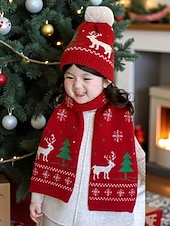 economico Accessori di Natale-Set di cappello e sciarpa natalizi per bambini, in morbida maglia con motivi di renne e alberi, caldi accessori invernali per bambini e bambine, perfetti per le feste e le celebrazioni natalizie