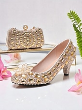preiswerte Klassische Pumps-Damen-Set aus Strass-Pumps und Clutch mit mehrfarbigen Kristallverzierungen – elegante passende Schuhe und Handtasche für formelle Anlässe und Cocktailpartys