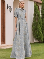 baratos Vestidos de Festa em A-Linha A Longo Vestidos de noite Vestido de Baile Vestido formal Elegante Vintage Manga Curta Colarinho de Camisa Casamento Formal Fibra Sintética com Estampa floral Fenda Bolsos