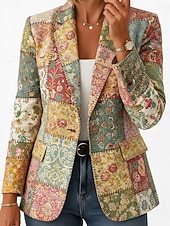 abordables Blazers et Costumes-Femmes Blazer Chaud Confortable Avec Poches Boutons Imprimé ancien Quotidien Occasionnel Fleuri Formel Bureau Occasionnel Simple Boutonnage Régulier Revers Cranté Coupe régulière manche longue