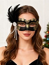 billige Maskerade Tilbehør-Håndholdt maskerademaske med grønn fjær for kvinner, strass og perledetaljer til julefest og Great Gatsby-ball &amp;karneval