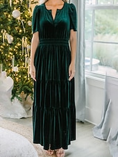 olcso Buliruhák-Női Midi ruha Karácsonyi ruha Bársony ruha Party ruha Koktélruha Elegáns Modern Parti Születésnap Estély Normál Sima Rövid ujjú V-alakú Bor Katonai zöld Sötétkék Sötétzöld Tavasz Ősz