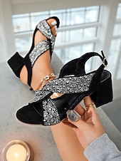 economico Sandali con tacco-sandali da donna con tacco a blocco incrociato e strass neri - tacchi glamour con punta aperta per le feste di Natale e Capodanno &amp;eventi serali