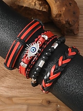 levne Pánské šperky-Pánská sada náramků z umělé kůže, červeno-černé tkané náramky s detaily zlého oka a korálků, stylové na Vánoce, různé vzory