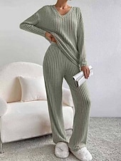 abordables Ensembles chemisiers pour femmes-Femmes Élégant Chaud ancien Ensembles deux pièces manche longue Col en V Couleur Unie Extérieur Occasionnel Quotidien Noir Vert Claire Marron clair Printemps Coupe Ample
