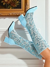  naisten siniset pitsisaappaat polven puolivälissä lohkokorolla - elegantit vintage-retroverkkosaappaat häihin, juhliin &cosplay-asut