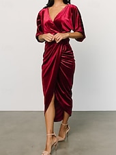 Damen Midikleid Samtkleid Partykleid Cocktailkleid Mode Modern Party Abendgesellschaft Normale Passform Einfach Halbarm V Ausschnitt Schwarz Wein Dunkelgrün Kamel Herbst Winter preiswerte abendkleider-Damen Midikleid Samtkleid Partykleid Cocktailkleid Mode Modern Party Abendgesellschaft Normale Passform Einfach Halbarm V Ausschnitt Schwarz Wein Dunkelgrün Kamel Herbst Winter