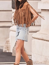 tanie Zwykły zbiornik-Damskie Bluzka Frędzel Równina Zachodni Bez rękawów W serek Zwykłe topy Święto Wyjściowe Czarny Jasnobrązowy Lato Wiosna