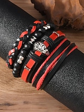 levne Pánské šperky-Pánská sada náramků z umělé kůže, červeno-černé tkané náramky s detaily zlého oka a korálků, stylové na Vánoce, různé vzory