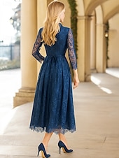 preiswerte Knöchellänge-A-Linie Tee-Länge Partykleid Cocktailkleid Kleid für Hochzeitsgäste Brautmutterkleid Dreiviertelarm V Ausschnitt Elegant Formell Formeller Abend Hochzeitsfeier Tüll mit Spitze