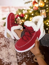 olcso Női karácsonyi cipők-Női Csizmák Hócipők Fűzős csizmák Téli csizma Karácsony Napi Gyapjú bélelt Csizmák Bokacsizmák Lapos Kerek orrú Alkalmi Műszőrme Ruhaanyag Papucs Fekete Rózsaszín Piros