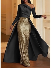 cheap Ball Gown Evening Dresses-Mermaid Trumpet Floor Length Evening Gown Ball Gown with Overskirt Formal Dress Elegant Glittering Sparkle Long Sleeve One Shoulder Wedding Formal Stretch Satin Sequined with Glitter