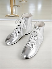 voordelige Oefen-dansschoenen-Gouden veterjazzdansschoenen voor dames, professionele leren enkellaarsjes met zachte zool voor podiumoptredens &amp; oefening