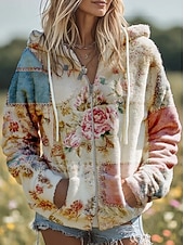 cheap Fleece-Lined Hoodies-Women's Zip Up Hoodies Zip Up Sweatshirts Drawstring Zipper Floral Graphic Animal Elegant Warm Active Long Sleeve Hooded Regular Tops Casual Home Work White Spring Fall Winter