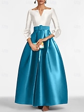 preiswerte A-Linie Abendkleider-A-Linie Bodenlang Abendkleid Ballkleid Festliche Kleidung Elegant seidig Dreiviertelarm V Ausschnitt Schwarze Krawatte Tasche Satin mit Schlitz