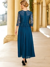 billige Gulvlengde-A-linje gulvlang brudgjestkjole formelle kjoler kveldsdrakt mor til bruden kjole 3/4 lengde erme rund hals elegant formell blonde med ensfarget