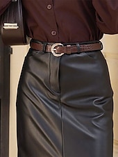 Недорогие Осенние и зимние юбки-Жен. Мода Секси На каждый день Средней длины Завышенная Подол Полотняное плетение Пэчворк Карман Секущиеся кончики Неэластичная Повседневные Офис / Карьера Черный Осень Искусственная кожа Полиэстер