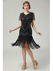 levne 1920s šaty-Řvoucí 20s 20. léta 20. století Ke kolenům Bubenové šaty Krátké rukávy Velký Gatsby Flitry Třásně Do V Maškarní kostým Dámské Vánoce Karneval speakeasy Plesová maškaráda Retro tematická párty Dospělé