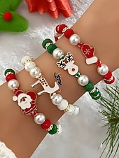 Недорогие Рождественские аксессуары-Женский рождественский браслет из бисера с подвесками в виде Санты, оленей и снеговика, красно-зеленые эластичные браслеты с жемчугом, праздничный подарок на праздник для нее